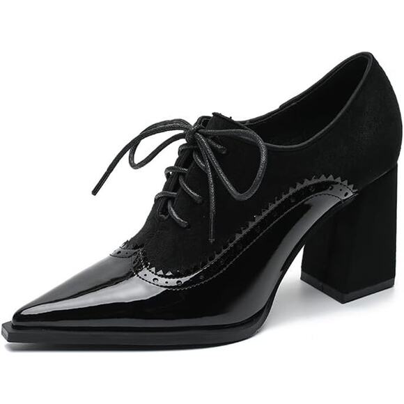 Unbranded Shoes - Black Suede Patent Leather Victorian Lace Up Pointed Toe Block Heel Oxfords 7.5